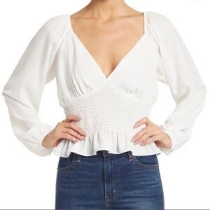 Wayf smocked v-neck peplum peasant blouse white Size small